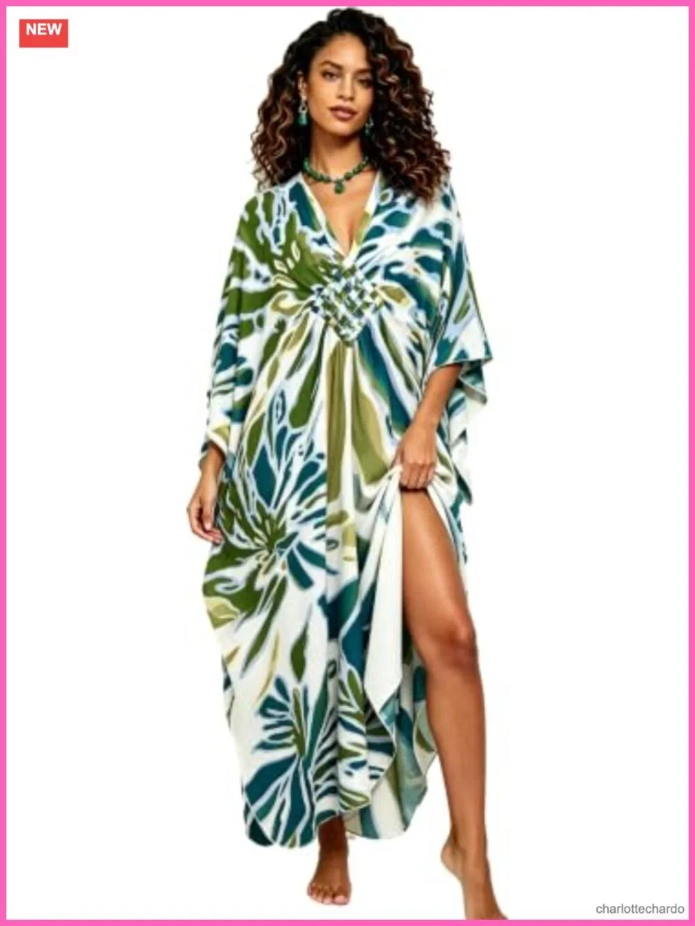 Hand Woven V Neck Swim Coverup Caftan Dress Rayon Cotton Kaftan Plus Size